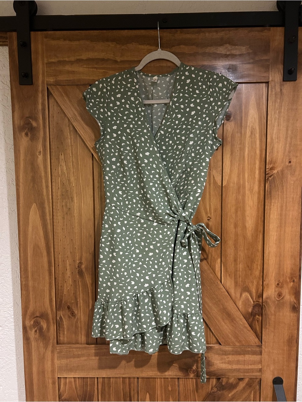 Sage Green Wrap Mini Dress with White Dot Print